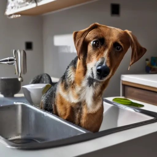 Prompt: a happy dog doing the dishes, very detailed and sharp photorealistic image