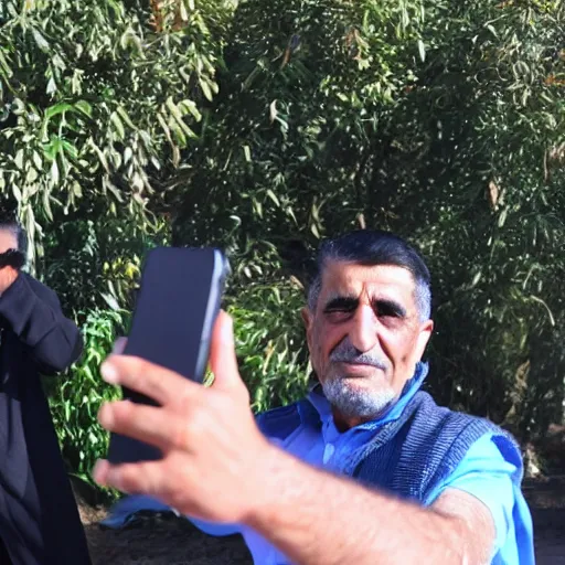 Image similar to my Kurdish dad taking a selfie with the front camera, in the background you can see a chimpanzee wearing male kurdish clothes, 4k uhd photo