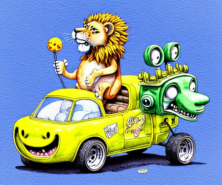 Prompt: cute and funny, lion wearing a helmet riding in a tiny hot rod with oversized engine, ratfink style by ed roth, centered award winning watercolor pen illustration, isometric illustration by chihiro iwasaki, edited by range murata, tiny details by artgerm and watercolor girl, symmetrically isometrically centered, focused