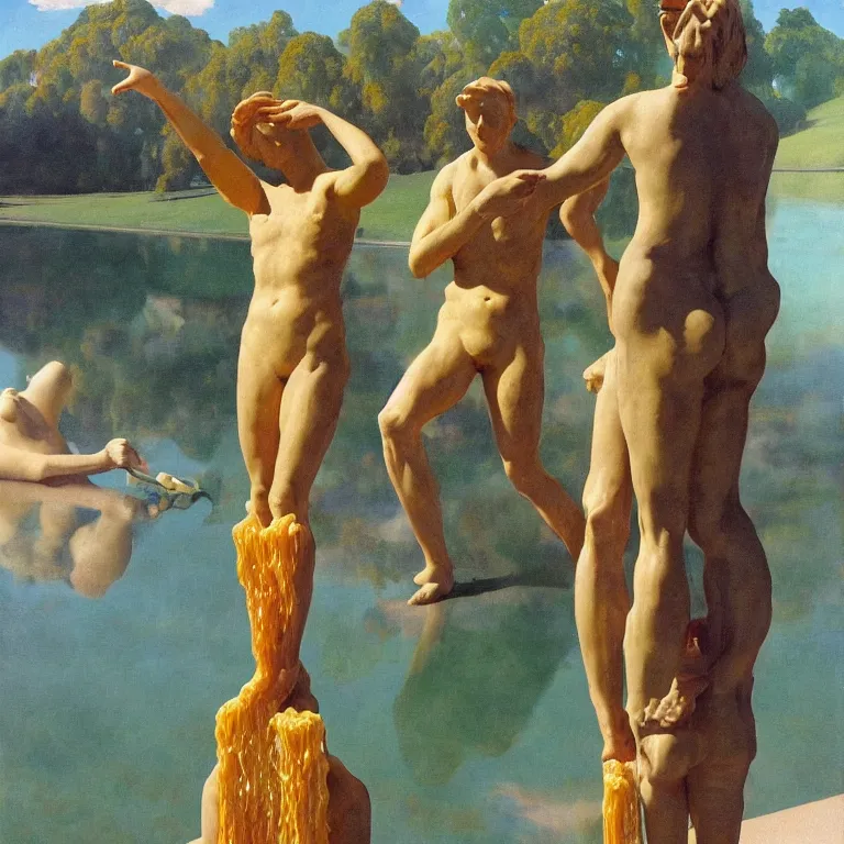 Image similar to A Monumental Public Sculpture of a Hand Making Thumbs Up Gesture made out of Gummy Spaghetti on a pedestal by the lake, surreal oil painting by John Singer Sargent and Maxfield Parrish and Max Ernst shocking detail hyperrealistic studio lighting