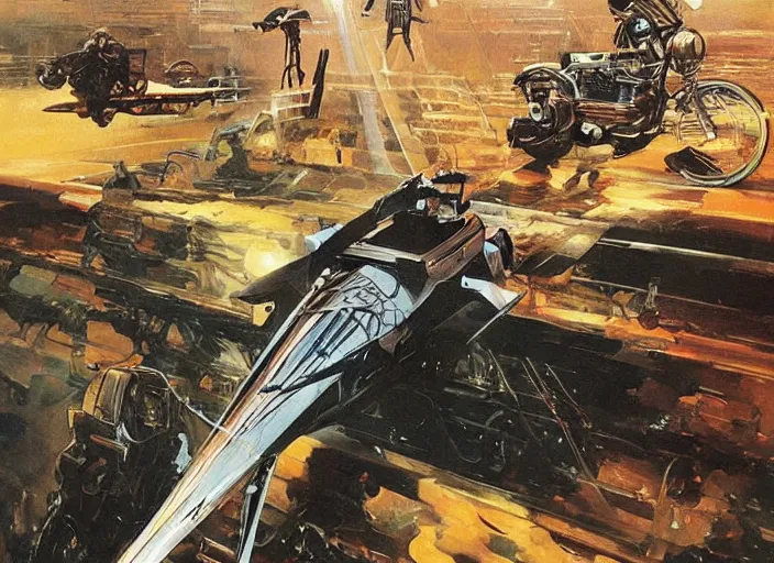 Prompt: ( ( ( ( ( classic vintage motorcycle, motorcycle concept art, sci - fi illustration, painting ) ) ) ) ) by vincent di fate and john berkey and logan's run!!!!!!!