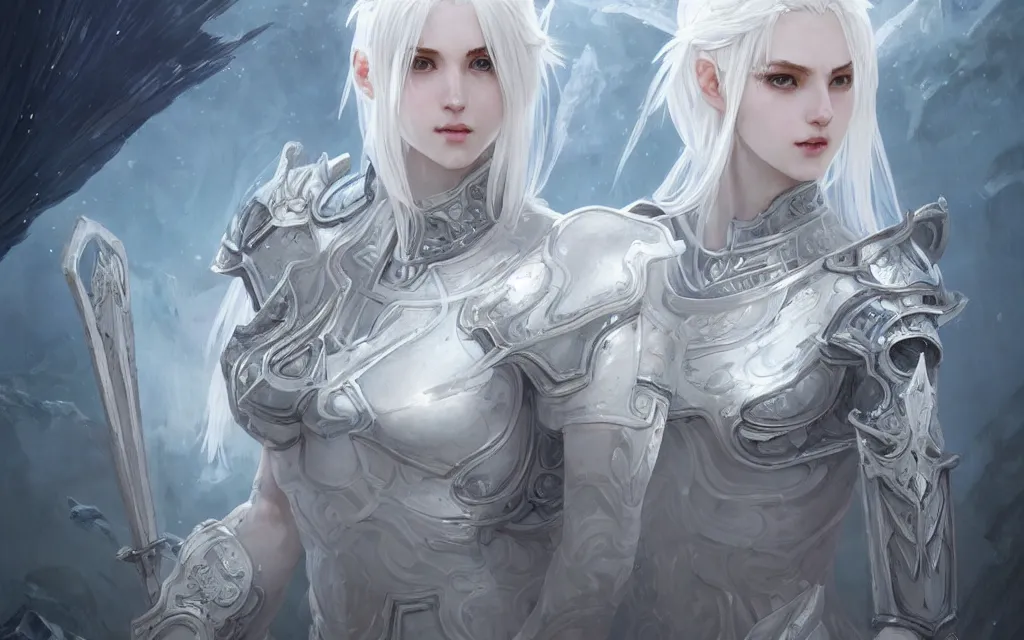 Image similar to portrait white hair knights of zodiac girl, matt white ice color armor, in ruined agora of athens, ssci - fi and fantasy, intricate and very very beautiful and elegant, highly detailed, digital painting, artstation, concept art, frostbite engine, smooth and sharp focus, illustration, art by tian zi and wlop and alphonse mucha