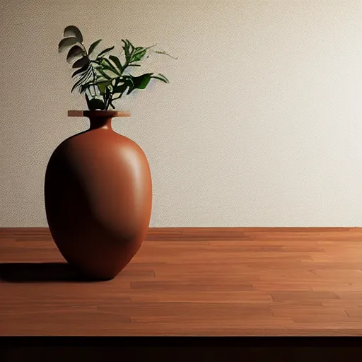 Image similar to a large vase sitting on top of a wooden table, a still life by ras akyem, featured on cg society, photorealism, vray tracing, rendered in unreal engine, photorealistic