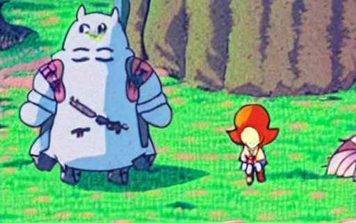 Image similar to full - color cinematic movie still from a 1 9 8 0 s studio ghibli anime featuring link with a fairy in the hyrule overworld fighting against an octorok and a moblin. legend of zelda anime.
