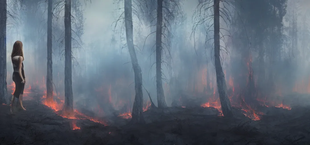 Image similar to Young woman looking at a forest fire, deep burning forest, smoke on the ground, Bleak. horror, scary Dark mood. Mysterious. Doom. Realistic painting. photobashing, matte painting, highly detailed, uhd, 8k,