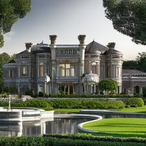 Prompt: a photorealistic and highly detailed 3 d rendering of a luxurious mansion or estate, with finely manicured gardens and a grand entrance