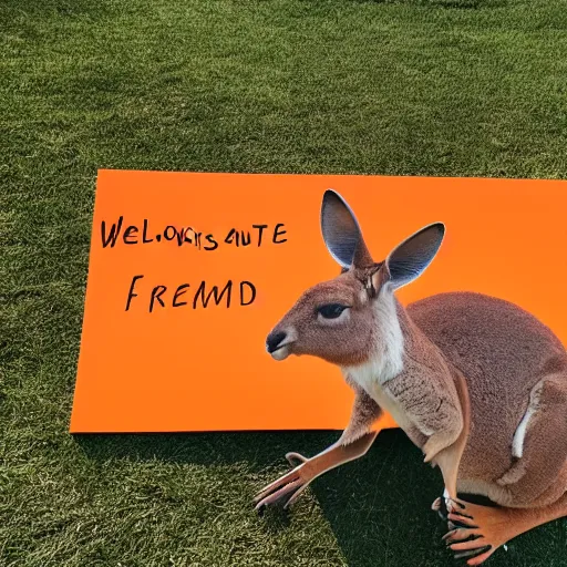 Prompt: A portrait photo of a kangaroo wearing an orange hoodie and blue sunglasses standing on the grass in front of the Sydney Opera House holding a sign on the chest that says Welcome Friends!