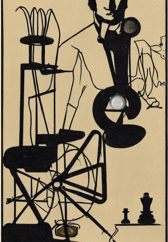 Prompt: a concept drawing of marcel duchamp holding up a chess - piece wire - machine, a surrealist painting by marcel duchamp, complex artificial - intelligence machinery, minimal sketch flow - chart, academic art, 1 9 2 0 s