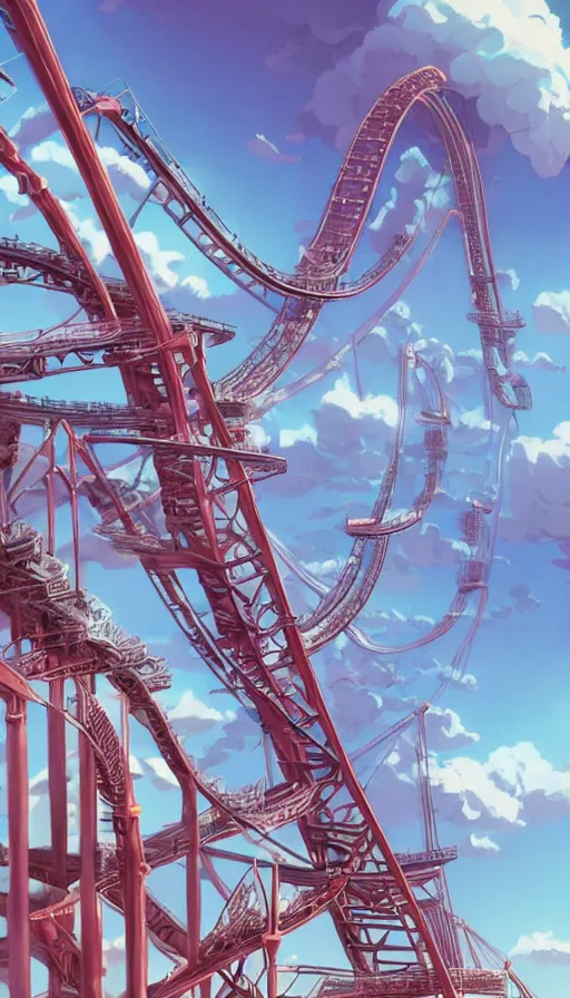 Prompt: A highly detailed matte painting of the tallest most dangerous roller coaster ever, by Studio Ghibli, Makoto Shinkai, by Artgerm, by beeple, by Greg Rutkowski, volumetric lighting, octane render, 4K resolution, trending on artstation, masterpiece