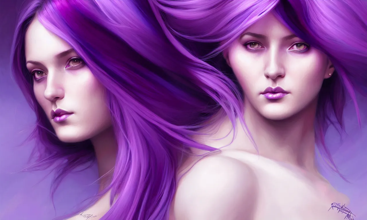 Image similar to Purple hair relistic Portrait of a three woman with bright colored flying hair, all shades of purple. Beauty face, Hair coloring, fantasy, intricate, elegant, highly detailed, digital painting, artstation, concept art, smooth, sharp focus, illustration, art by artgerm and greg rutkowski and alphonse mucha