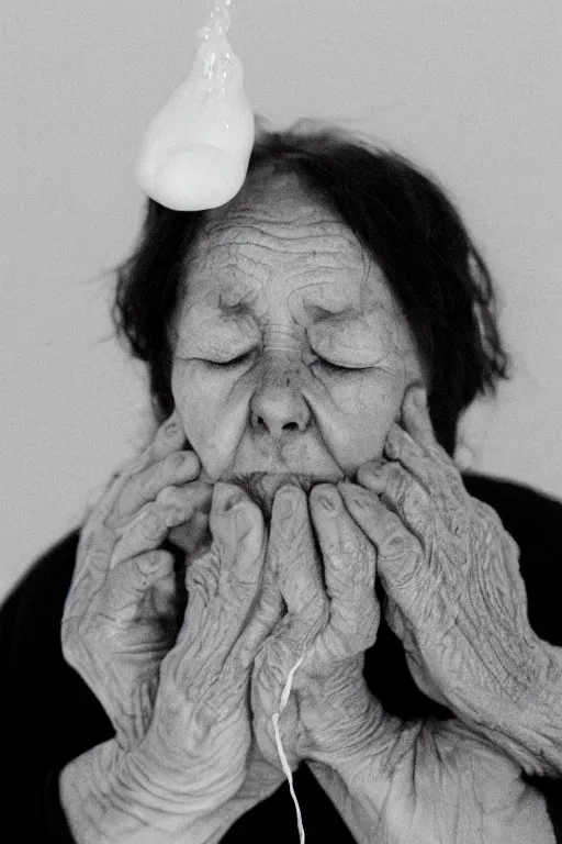 Image similar to Realistic high-resolution black and white photograph with 50 mm f/1.2 lens of old women with closed eyes spouting ECTOPLASMA from their mouths. A thick white liquid floating in the air