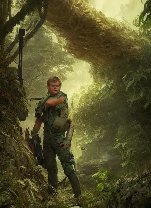 Image similar to portrait of a young richard dean anderson wearing a green combat uniform, in a post apocalyptic city overgrown by plants, by greg rutkowski, cover illustration, concept art, volumetric lighting, volumetric atmosphere, sharp focus, octane render, trending on artstation, 8 k