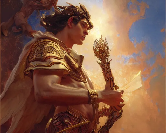 Image similar to attractive heroic male deity, casts magic, summoning handsome heroic lucifer morning star. highly detailed painting by gaston bussiere, craig mullins, j. c. leyendecker 8 k