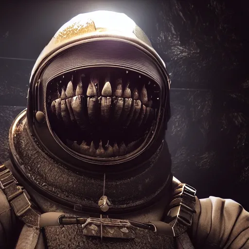 Prompt: among us impostor in a spacesuit, dark souls, large open mouth in its chest, monsters alien, unrealengine 5, highly detailed, dark colors, d & d, 8 k hd