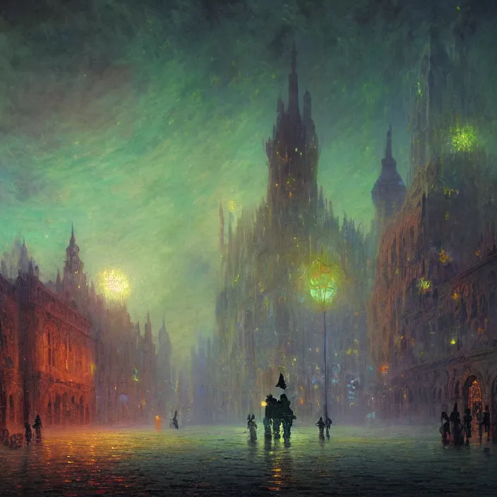 Prompt: a beautiful painting of a gothic city, colourful stars shining at night, astrophotography, cthulhu, colors out of space by ivan aivazovsky and greg rutkowski and james gurney and frank lloyd and monet, in style of impressionnisme. hyper detailed, sharp focus, soft light. unreal engine 5 lumen. ray tracing. trending on artstation. oil on canvas