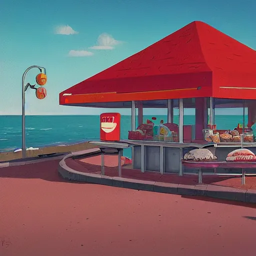 Image similar to fast food counter by the beach by simon stalenhag