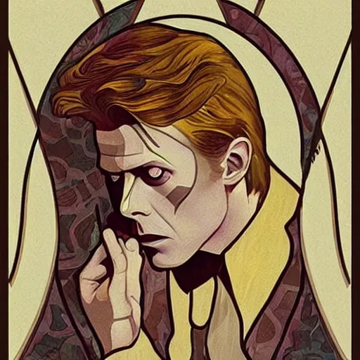 Prompt: david bowie as thomas newton the man who fell to earth, mucha style, art nouveau,