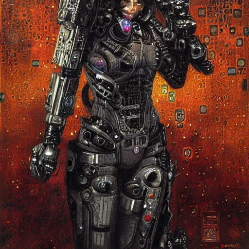 Image similar to cybernetic female demon supersoldier armed with laser rifle, intricate detail, klimt, royo, whealan,