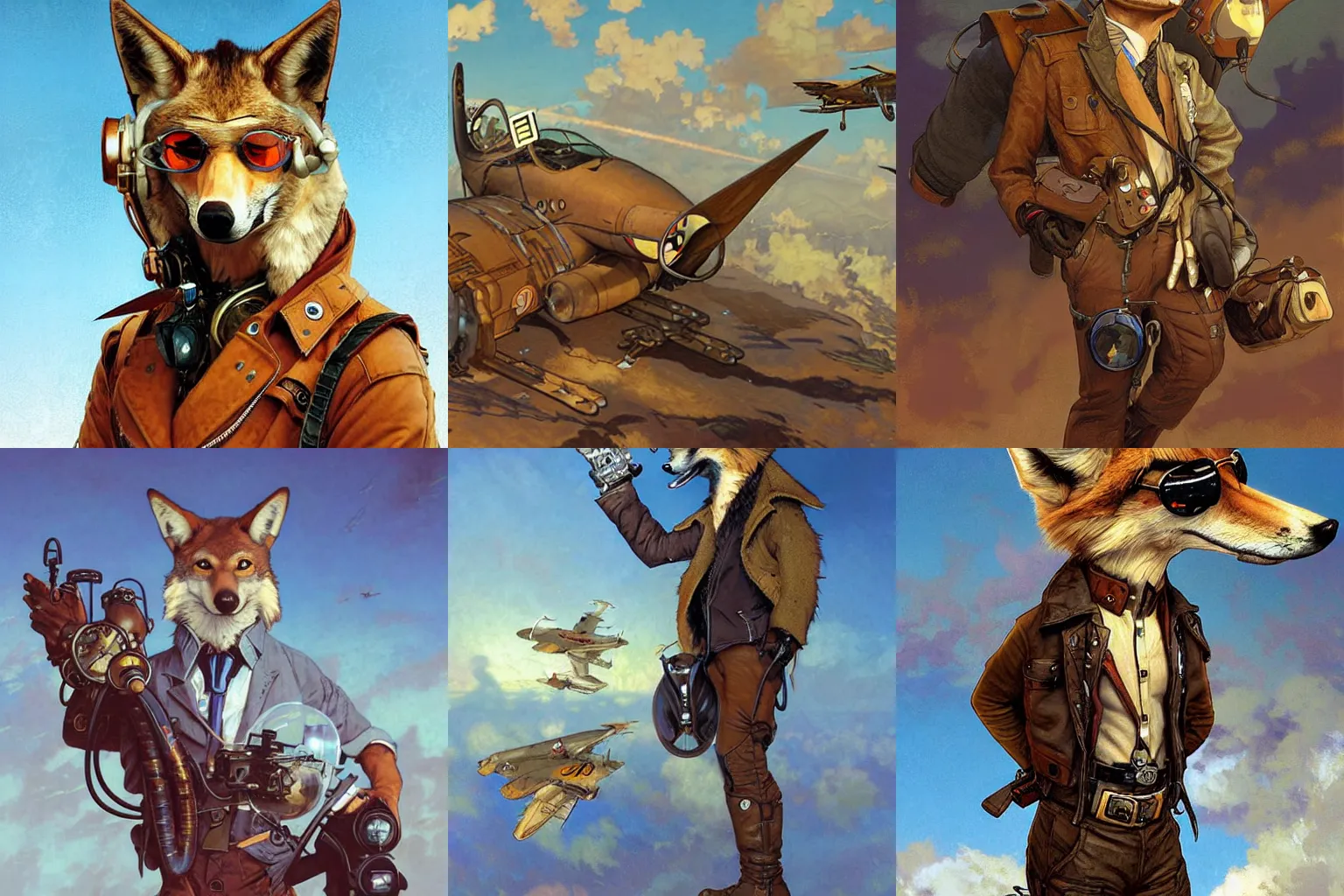 Prompt: anthropomorphic coyote steampunk aviator pilot. Renowned character illustration by greg rutkowski, thomas kindkade, alphonse mucha, loish, norman rockwell. Trending on furaffinity. Digital art.