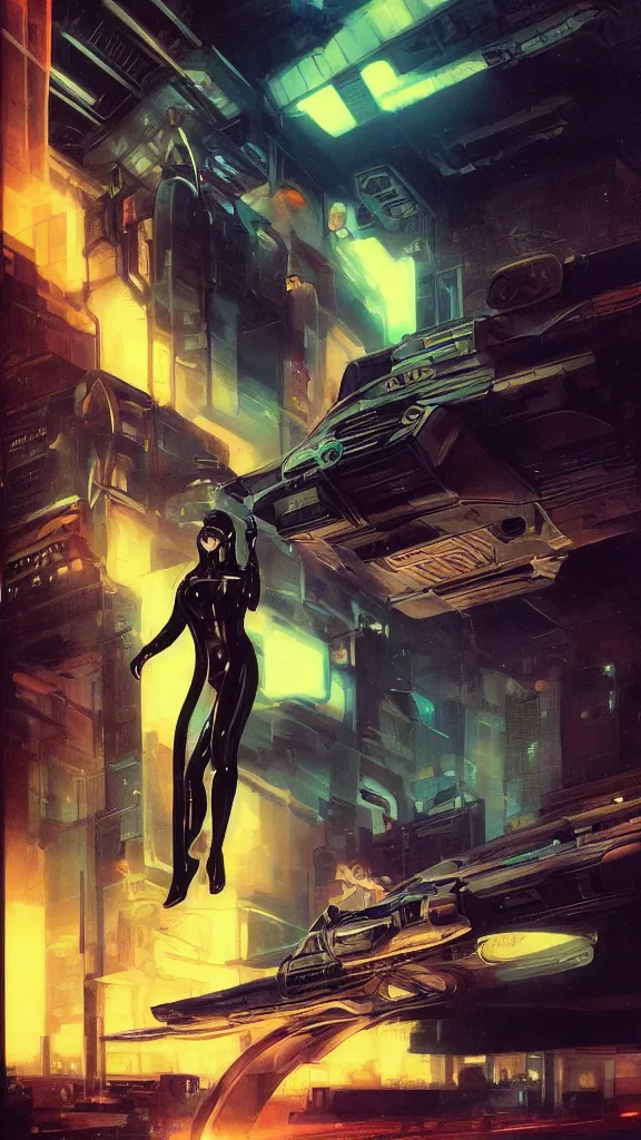 Image similar to concept art, retro - futurist pilot portrait, imperious, heroic, dramatic neon lighting, high contrast, backlit, eerie, mysterious, bladerunner, by gerald brom, james jean, syd mead, akihiko yoshida, cinematic