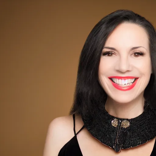 Image similar to professional headshot of an elegant female vampire in her 4 0 s smiling confidently at the camera. she has long vampire fangs, and thick blood dripping down her chin. high resolution, nikon camera 8 k