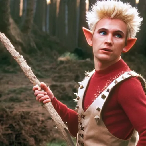 Prompt: a fantasy elf with spiky blonde hair wearing tan overalls and holding a stick of dynamite, high resolution film still, movie by Peter jackson