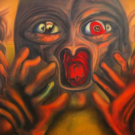 Image similar to portre of an autistic demon on acid, masonic and kabalistic symbols in background, oil painting