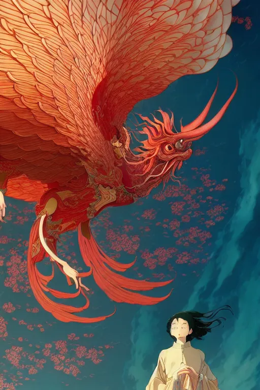 Image similar to a beautiful hyperdetailed character design 4 k wallpaper illustration of a huge reddish phoenix, victo ngai style, from china, style of studio ghibli, makoto shinkai, raphael lacoste, louis comfort tiffany, denoise, deblurring, artgerm, xision, james jean, ross tran, chinese style