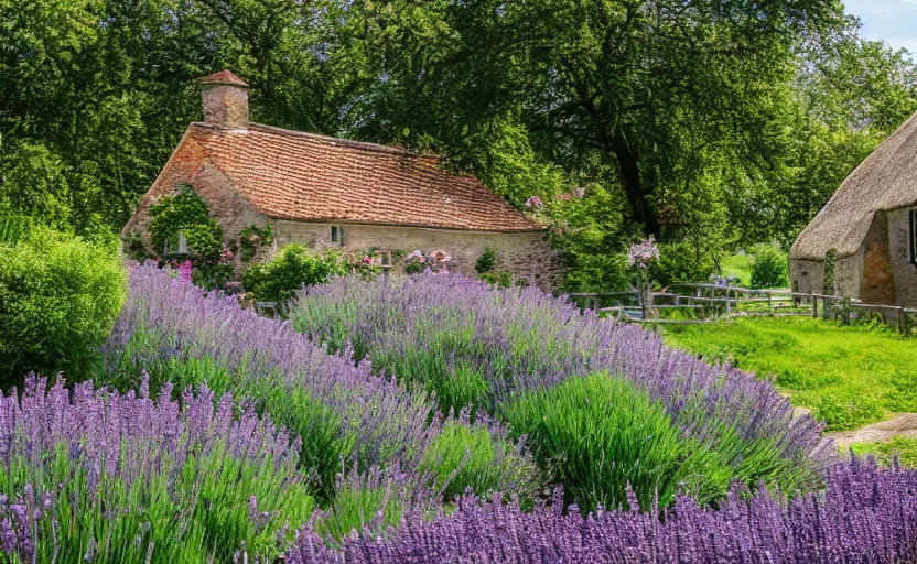 Image similar to Dutch limestone cottage farm, Jerkinhed roof, rustic wood timberwork lavender bushes in the garden, full of flowers, surrounded by oak trees, a cobblestone pathway, dawn, 8K