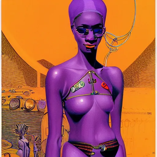 Prompt: african woman, cyberpunk, retro vintage art, cool, 80s, nomad, street style, symmetrical, 2d matte illustration, Stanisław Szukalski + Moebius,