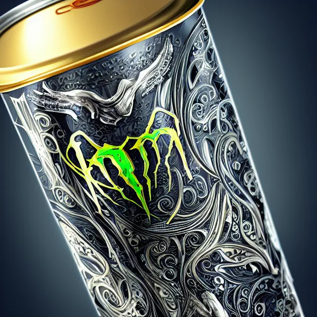 Image similar to aluminian can of monster energy drink, intricate and very very beautiful and elegant, highly detailed, digital painting, artstation, concept art, smooth and sharp focus, illustration