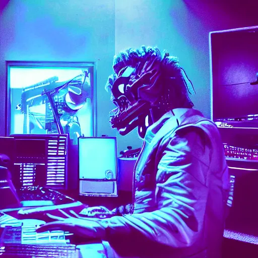 Prompt: a realistic detailed studio portrait photo of a monster, synthwave