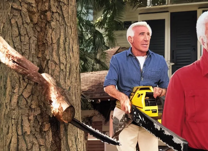 Prompt: film still of Leslie Neilsen with a chainsaw in the new Weekend at Bernies movie, 8k