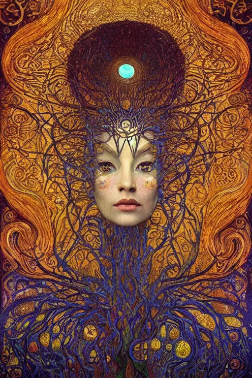 Prompt: Tree of Life by Karol Bak, Jean Deville, Gustav Klimt, and Vincent Van Gogh, mysterious, sacred geometry, Surreality, radiant halo, colorful jeweled leaves, otherworldly, enigma, fractal structures, celestial, arcane, ornate gilded medieval icon, third eye, spirals