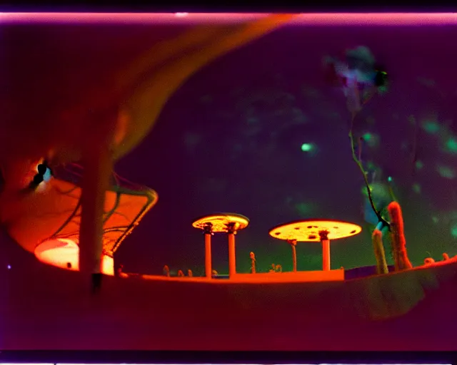 Prompt: low angle shot of a space port at night, aquatic plants, coral, shabby chic, cinematography by Jim Jarmusch, composition by Neo Rauch, in the style of Nan Goldin, set design by Antonin Gaudí, 35mm, graflex, color film photography