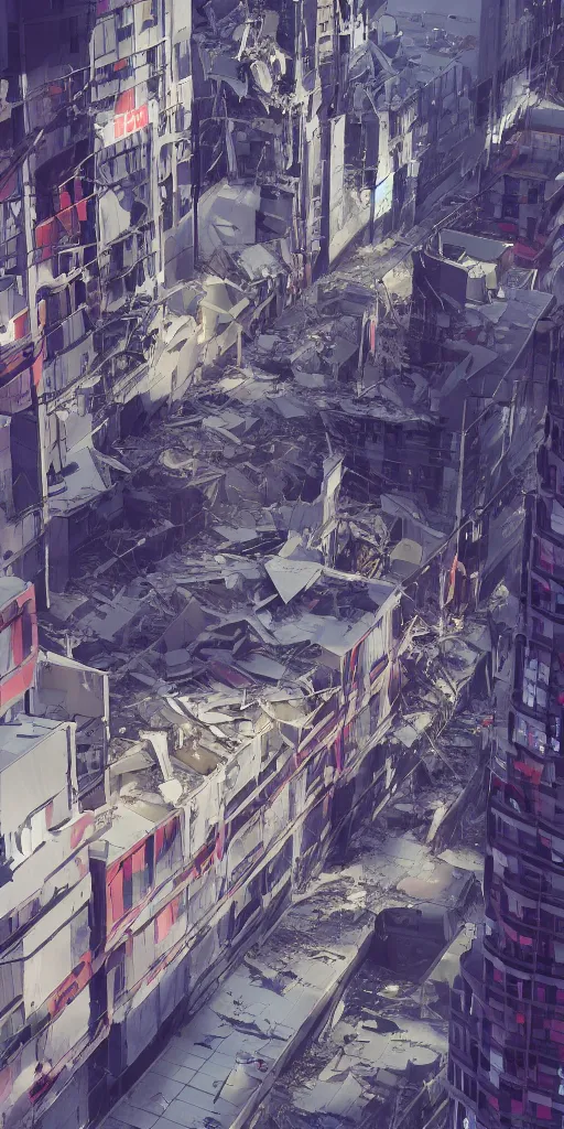 Image similar to Evangelion unit 01 pallete , zoom shot, telephoto lens, low aperture street level, buildings collapsed ,hyper-realistic, your name sky, evening, octane rendering , inspired by Katsuhiro Otomo, pixelactivist