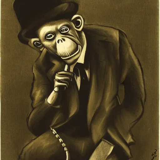 Image similar to orangutan in mafia suit with bowler hat and tommy gun smoking a cigar, dark street scene at night