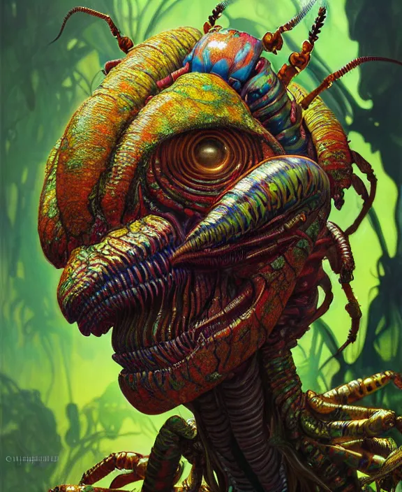 Prompt: intricate colorful portrait of a scary alien insect creature, mottling, adorable, childlike, overgrown environment, ultra realistic, concept art, maximalist, photorealistic, octane render, 8 k, unreal engine. art by christopher marley and artgerm and greg rutkowski and alphonse mucha