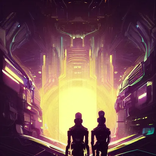 Prompt: portrait sci-fi art by Greg Rutkowski and Ruan Jia, 3 wee guys, solar flares, futuristic environment, detailed and intricate environment, fractal biomech, cyberpunk, neon color, purple bioluminescence, gold and black metal, dramatic lighting, cinematic, high technology, highly detailed portrait, digital painting, artstation, concept art, smooth, sharp focus, ilustration, Artstation HQ,