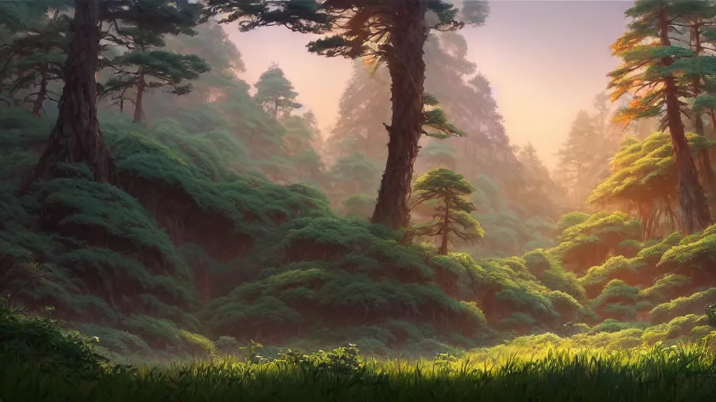 Prompt: forest clearing landscape, studio ghibli, pixar and disney animation, sharp, rendered in unreal engine 5, highly detailed, digital painting, artstation, concept art, smooth, sharp focus, illustration, wide angle, artbook, wallpaper, splash art, promo art, dramatic lighting, art by artgerm and greg rutkowski and bo chen and jin xiaodi