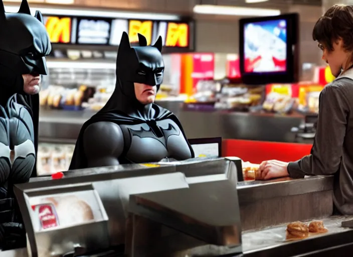 Image similar to film still of Batman working as a cashier at McDonalds in the new batman movie, 4k