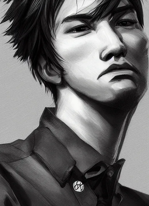 Image similar to a highly detailed illustration of fierce short black haired young half white half asian man wearing polo shirt, dramatic thinking pose, intricate, elegant, highly detailed, centered, digital painting, artstation, concept art, smooth, sharp focus, league of legends concept art, WLOP