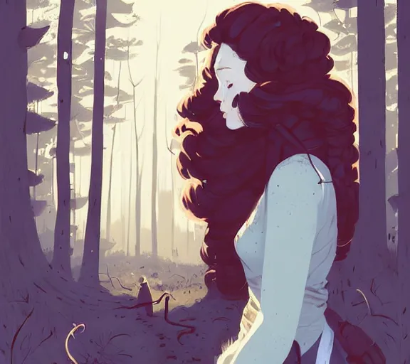 Prompt: portrait woman with long ginger curly hair in the woods, by atey ghailan, by greg rutkowski, by greg tocchini, by james gilleard, by joe fenton, by kaethe butcher, by ashley wood, dynamic lighting, gradient light blue, brown, blonde cream and white color scheme, grunge aesthetic