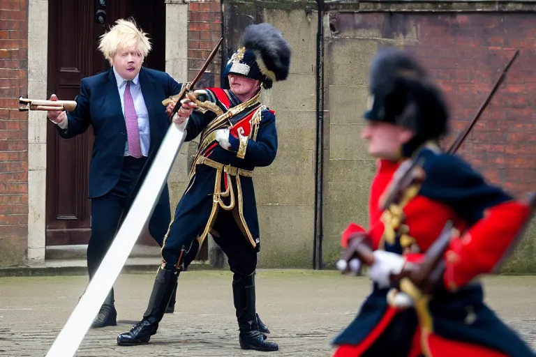 Image similar to closeup portrait of boris johnson dressed as a queen's guard firing a musket in a london street, natural light, sharp, detailed face, magazine, press, photo, steve mccurry, david lazar, canon, nikon, focus