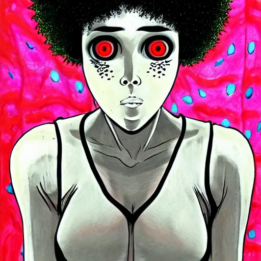 Prompt: a girl with an afro and neon eyes by junji ito