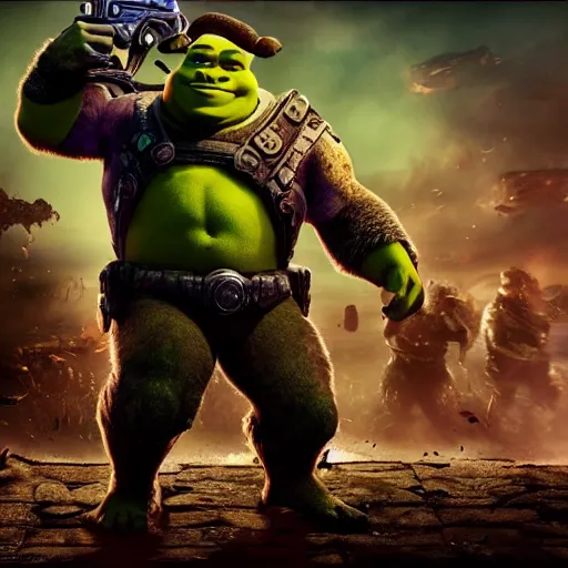 Image similar to Shrek in 'Gears of War', splash art, movie still, cinematic lighting, detailed face, dramatic, octane render, long lens, shallow depth of field, bokeh, anamorphic lens flare, 8k, hyper detailed, 35mm film grain