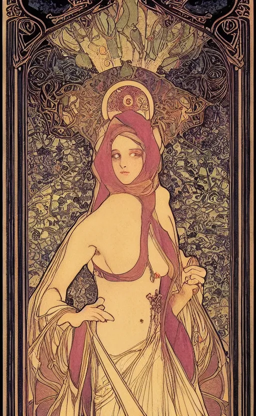 Image similar to the empress, tarot, beautiful border, by alfons maria mucha, highly detailded