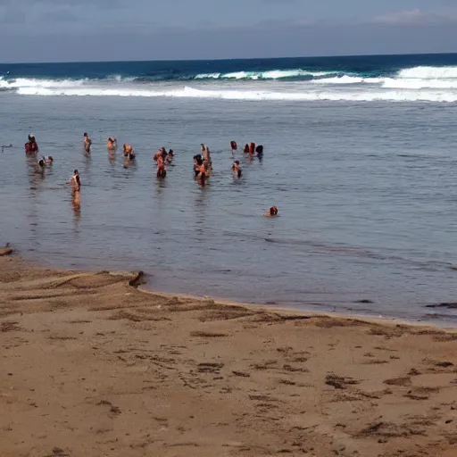 Prompt: a million tiny little idiots standing in the ocean