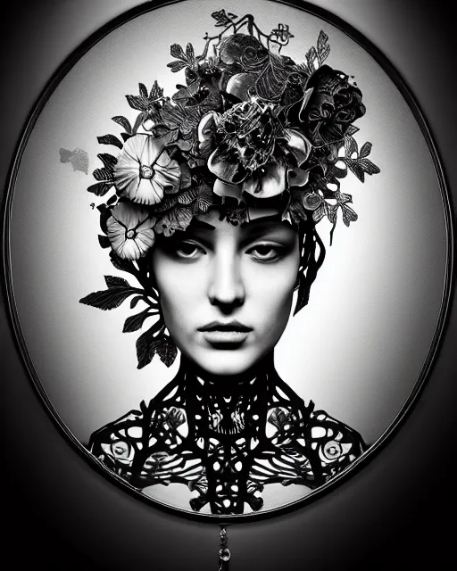 Prompt: masterpiece monochrome profile portrait painting, dutch masters, silver lace floral steampunk biomechanical beautiful one techno eye young female cyborg, big monocular, volumetric light, leaves foliage and stems, hibiscus flowers, alexander mcqueen, rim light, big gothic fashion pearl embroidered collar, 8 k