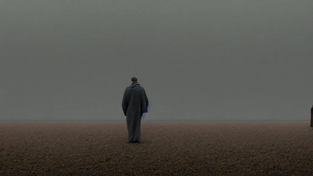 Image similar to regret, film still from the movie directed by Denis Villeneuve with art direction by Zdzisław Beksiński, wide lens